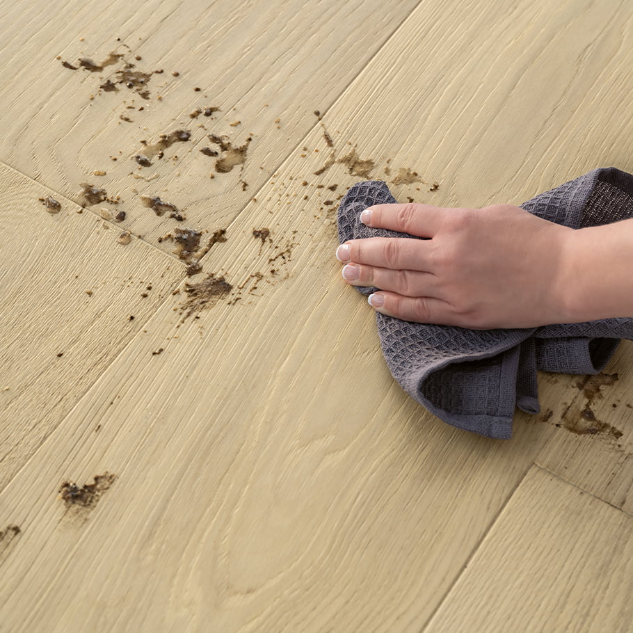 wiping away dirt from a wooden floor